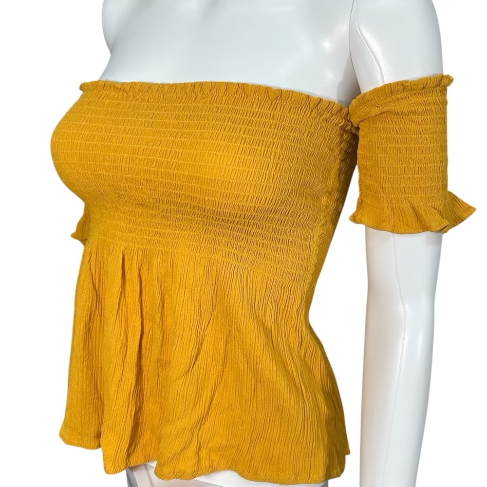 Ambiance Off Shoulder Smocked Top Women's Small Mustard Yellow Peplum Rayon